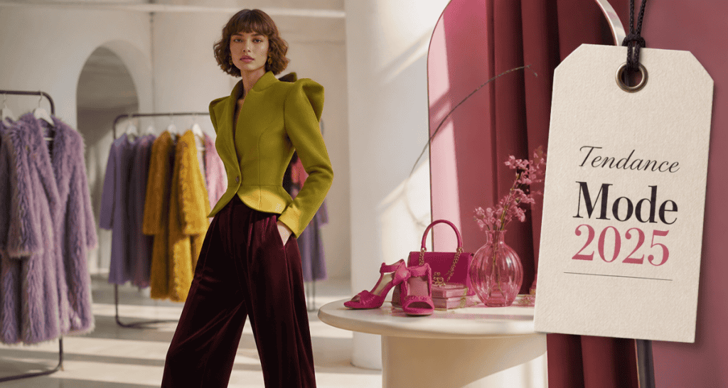 tendance mode 2025 tailleur vert chartreuse et accessoires couleurs saturées