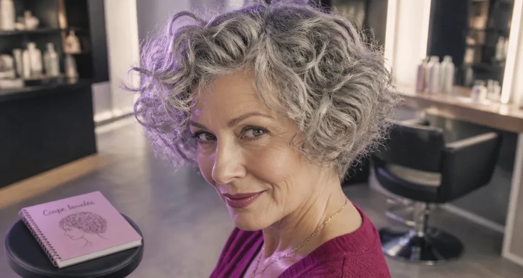 Coupe cheveux frisés courts femme 60 ans, boucles stylées sans effet casque