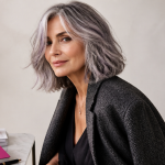 Coupe cheveux gris dégradé sur femme élégante