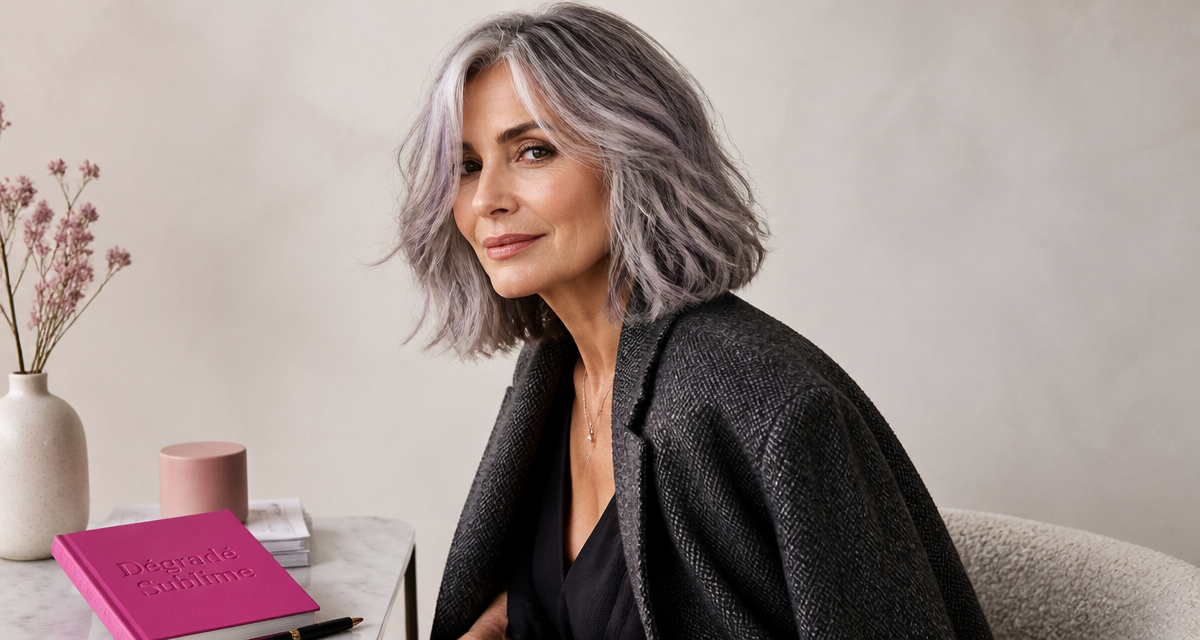 Coupe cheveux gris dégradé sur femme élégante