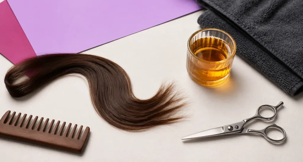 Couper fourches cheveux : ciseaux et peigne sur cheveux