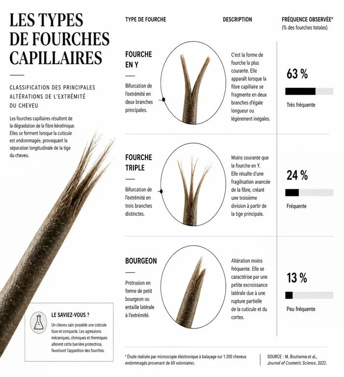 Infographie illustrant les différents types de fourches sur les cheveux pour mieux les identifier.