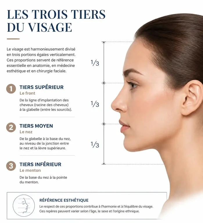 Schéma explicatif des trois tiers du visage pour une profiloplastie