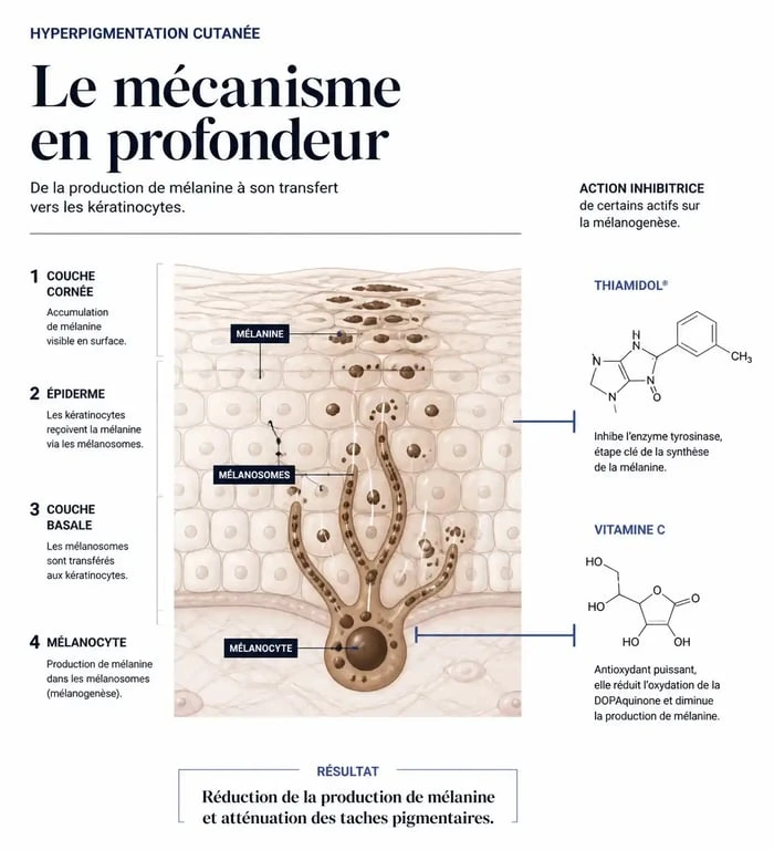 Schéma explicatif du mécanisme de formation des taches brunes et action des actifs correcteurs pour le meilleur correcteur tache brune