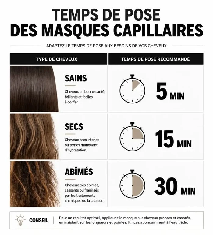 Infographie récapitulative du temps de pose idéal pour un masque cheveux selon le type de cheveu