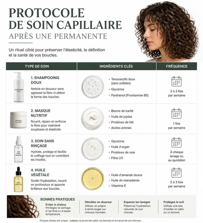 Infographie du protocole de soin pour réparer les cheveux paille après une permanente