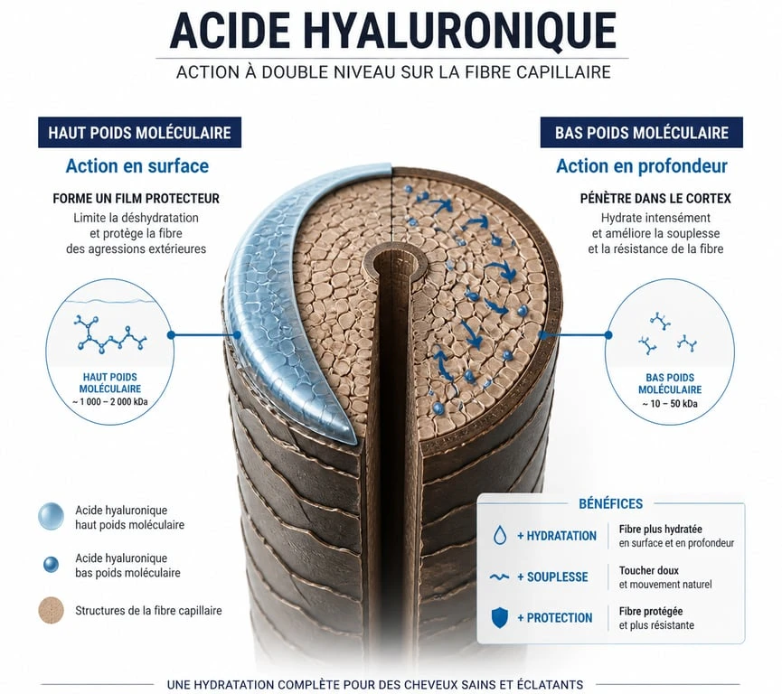 Schéma explicatif de l'action de l'acide hyaluronique sur les cheveux selon le poids moléculaire