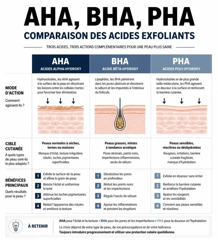 Infographie comparative des acides exfoliants pour le meilleur peeling visage en pharmacie : AHA, BHA, PHA