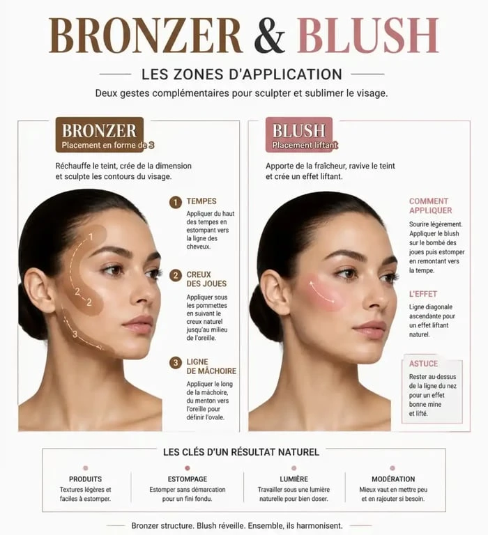Schéma d'application du bronzer et du blush pour un maquillage naturel