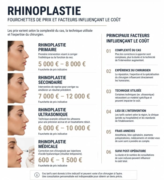 Infographie comparative des prix d'une rhinoplastie en France selon les techniques chirurgicales
