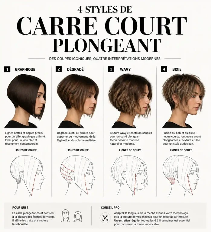 Infographie des différents styles de coupe au carré court plongeant : graphique, dégradé, wavy et bixie.
