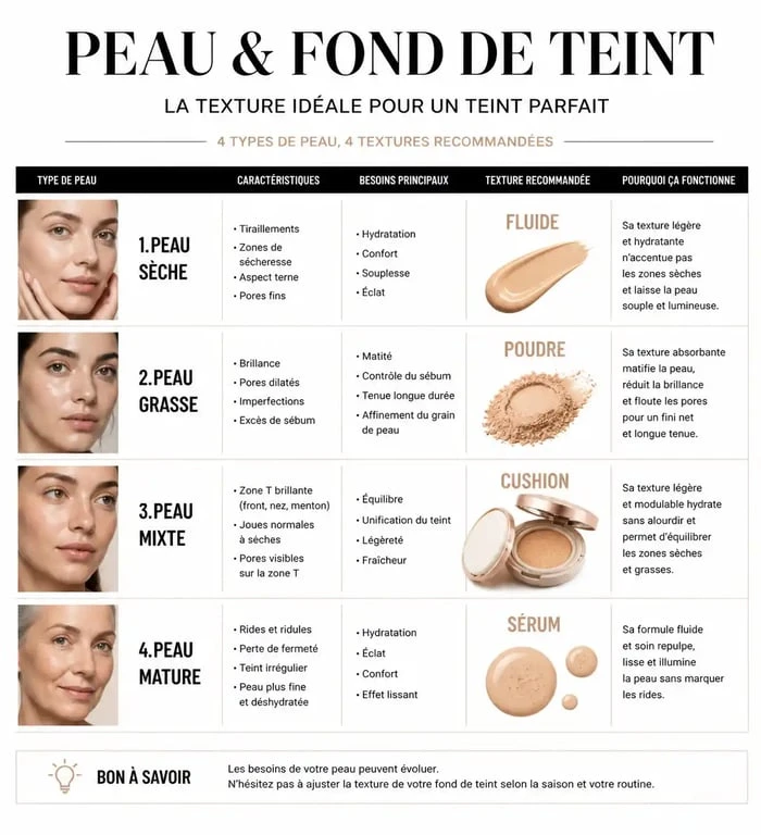 Infographie récapitulative pour choisir son fond de teint selon son type de peau