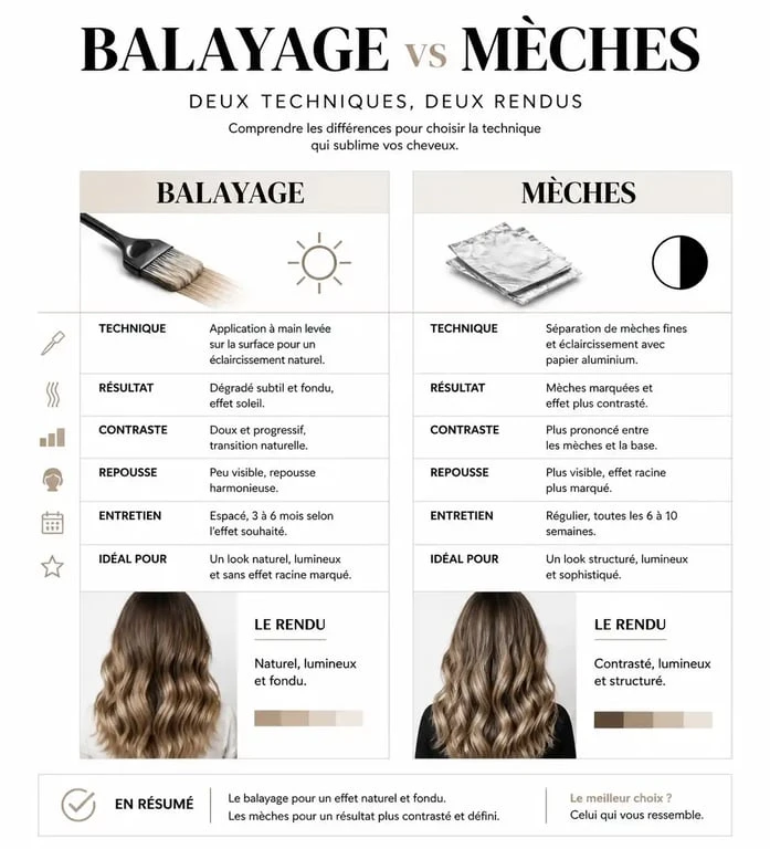 Infographie comparative : différence entre balayage et mèches pour choisir sa coloration