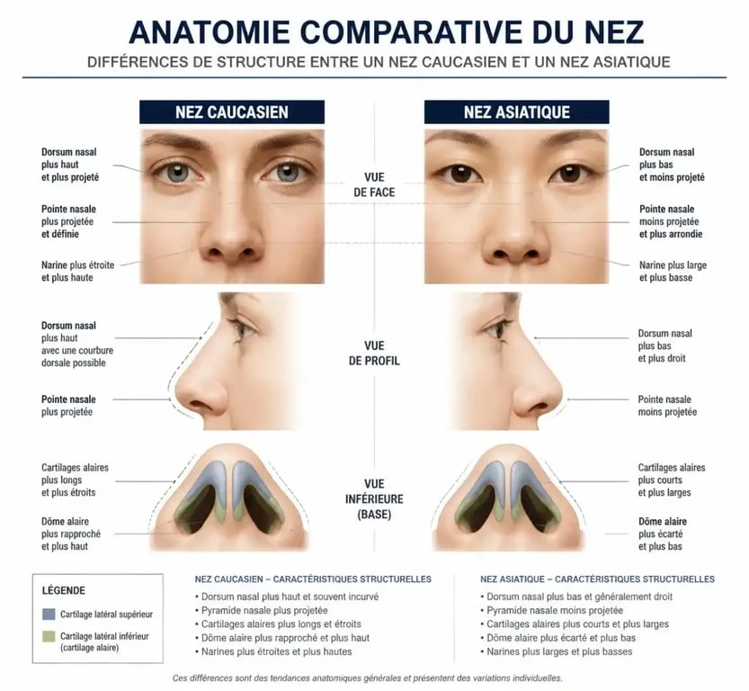 Schéma anatomique comparatif des spécificités du nez asiatique pour la rhinoplastie