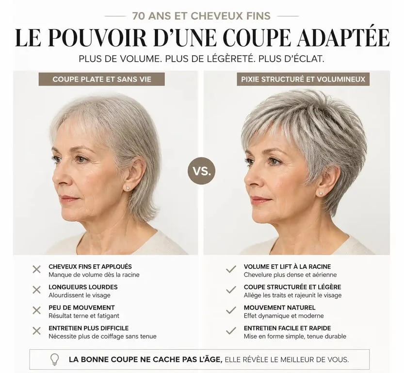 Exemple de coiffure femme 70 ans cheveux fins : comparaison avant et après une coupe structurée pour plus de volume.