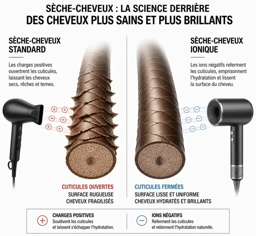 Schéma explicatif du fonctionnement d'un sèche-cheveux ionique sur la fibre capillaire