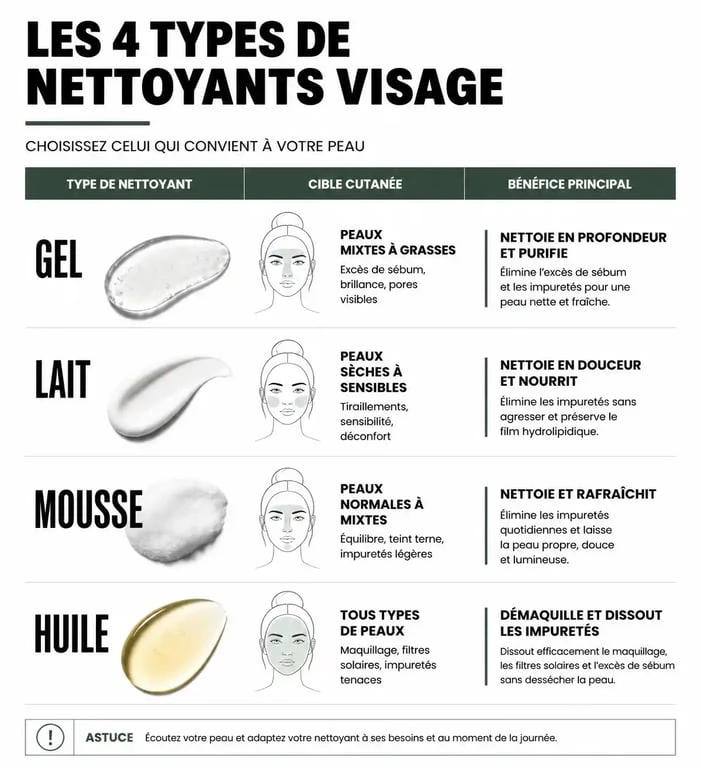 Infographie des types de nettoyants visage pour choisir le meilleur nettoyant visage selon son type de peau