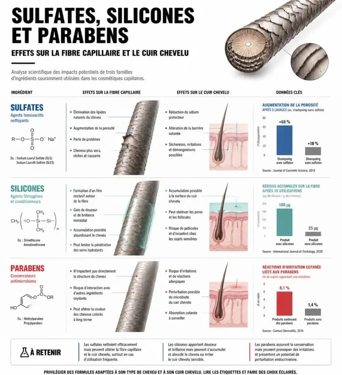 Infographie explicative sur les effets des sulfates, silicones et parabens dans le meilleur shampoing sans sulfate sans silicone sans paraben