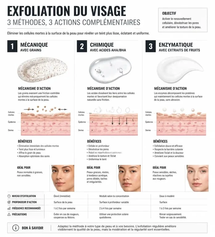 Infographie comparative des méthodes d'exfoliation pour choisir le meilleur gommage visage selon son type de peau