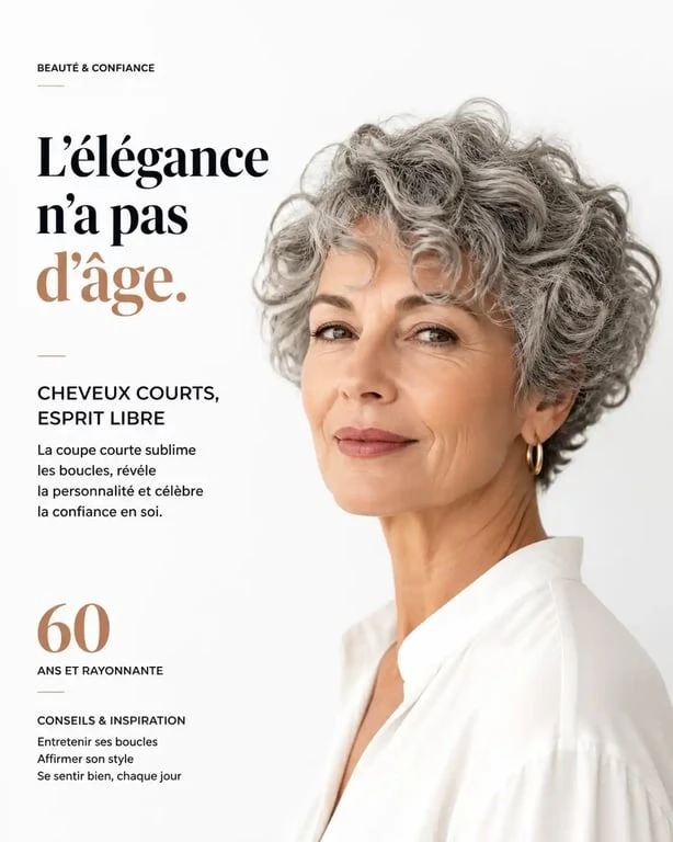 Femme de 60 ans avec une coupe de cheveux frisés courts moderne et élégante