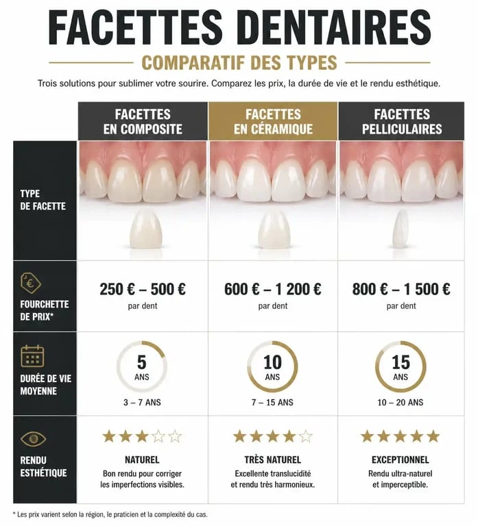 Comparatif des prix et caractéristiques des facettes dentaires : composite, céramique et pelliculaire.