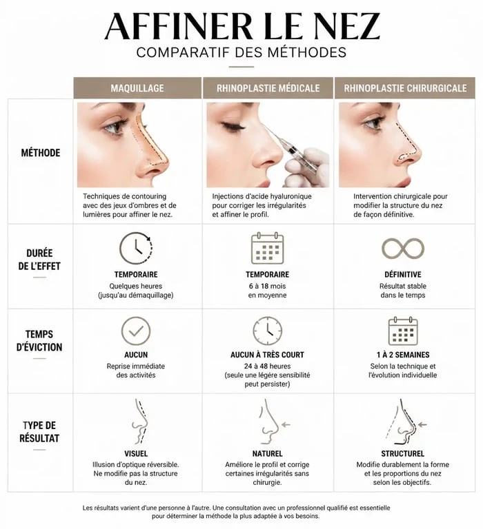 Comparatif des méthodes pour affiner son nez : maquillage, rhinoplastie médicale et chirurgicale