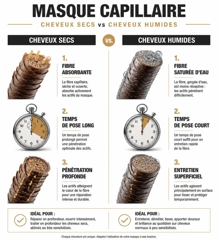 Infographie comparative : application de masque capillaire sur cheveux secs vs cheveux humides