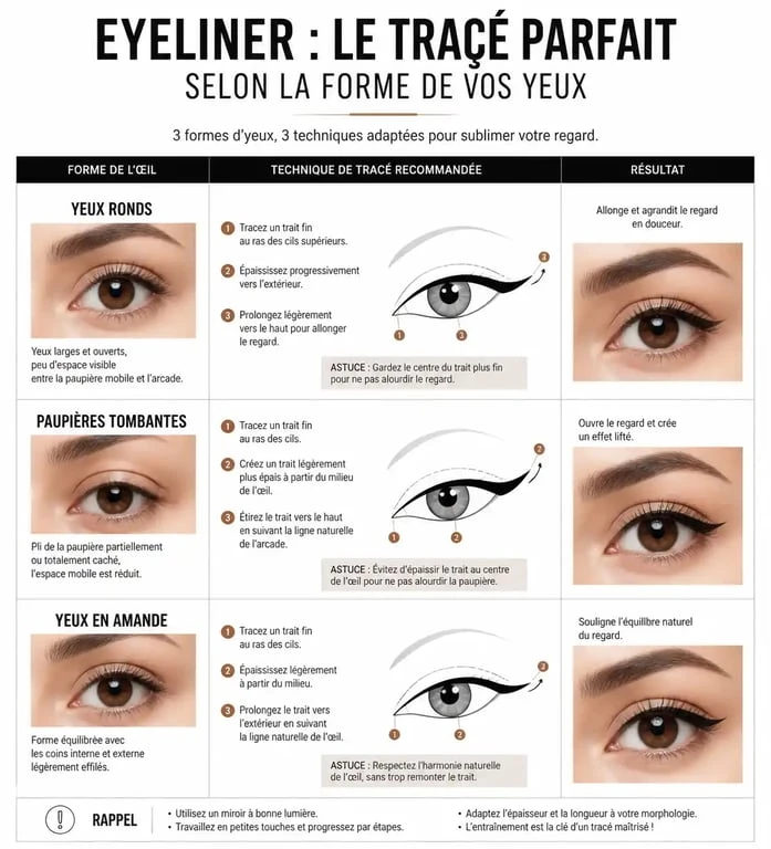 Infographie montrant comment mettre de l'eye liner selon la forme de l'œil