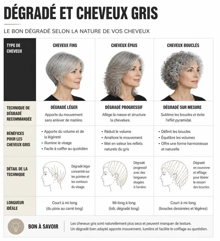 Infographie des techniques de coupe dégradée adaptées aux cheveux gris selon la texture