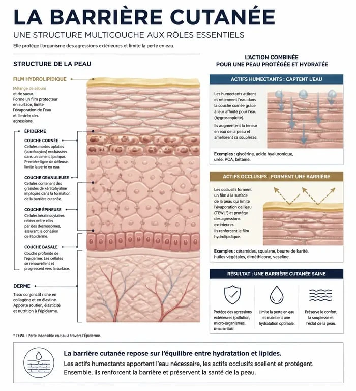 Schéma explicatif de la barrière cutanée et des mécanismes pour bien hydrater sa peau
