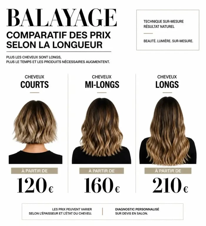 Tableau comparatif des prix moyens d'un balayage selon la longueur des cheveux