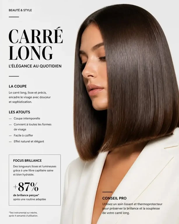 Femme avec une coupe carré long lisse élégante et brillante