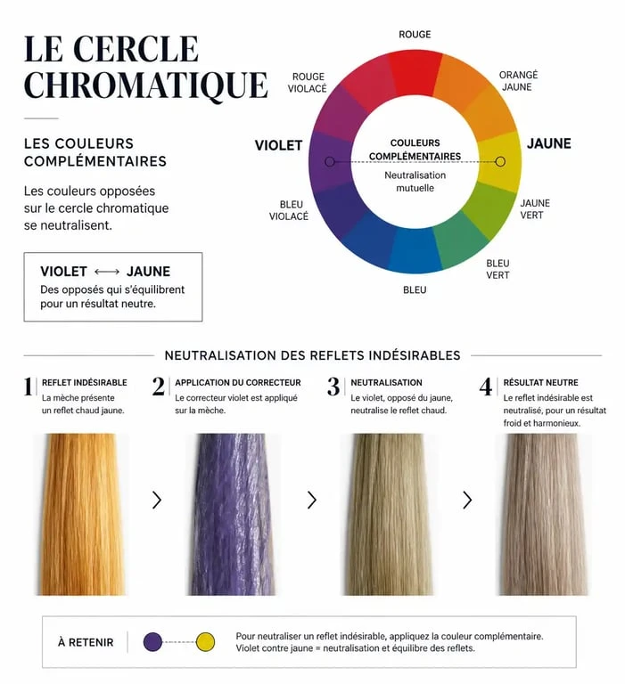 Schéma explicatif du fonctionnement du meilleur shampoing déjaunisseur par neutralisation des reflets jaunes sur cheveux blonds.