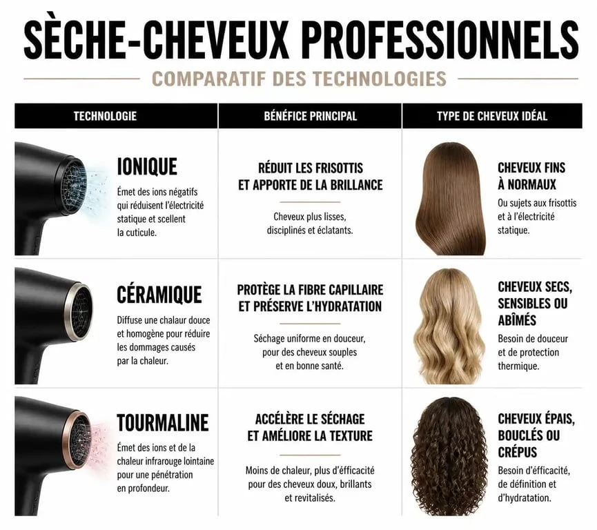 Comparatif des technologies de sèche-cheveux professionnels : Ionique, Céramique et Tourmaline pour choisir le meilleur sèche cheveux professionnel.