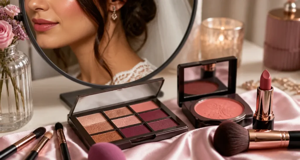 Maquillage pour mariée brune : palette cuivre pruné et teint inaltérable