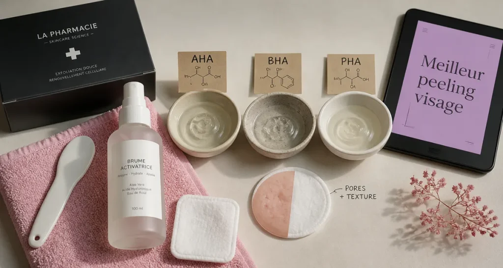 Meilleur peeling visage pharmacie : flacons AHA BHA PHA sur peau
