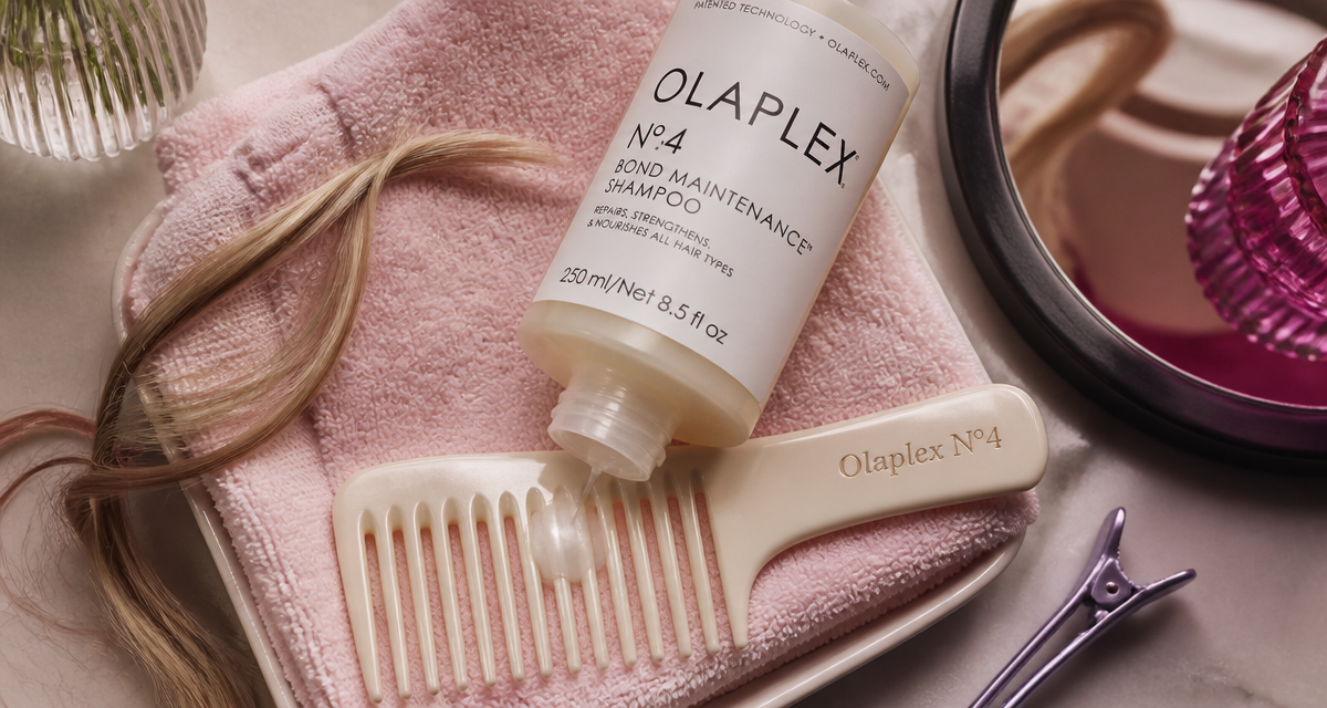 shampoing olaplex avis flacon ouvert sur peigne et serviette rose