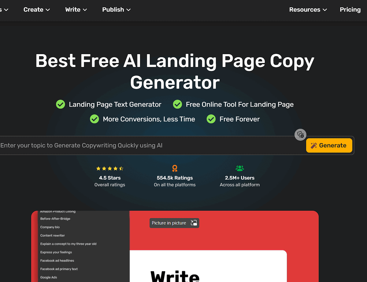 Simplified AI landing page copy writer