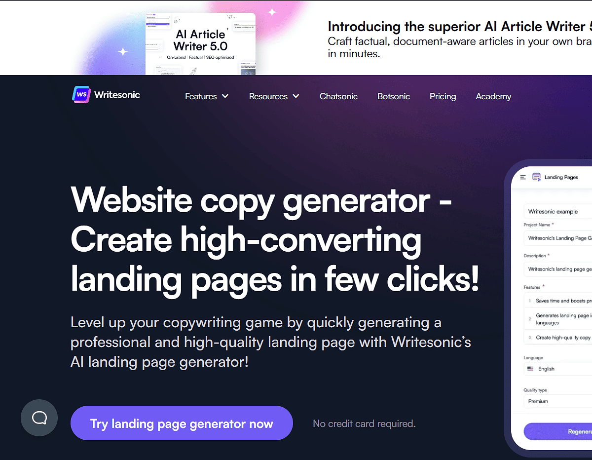 Writesonic AI landing page and SEO copy generator