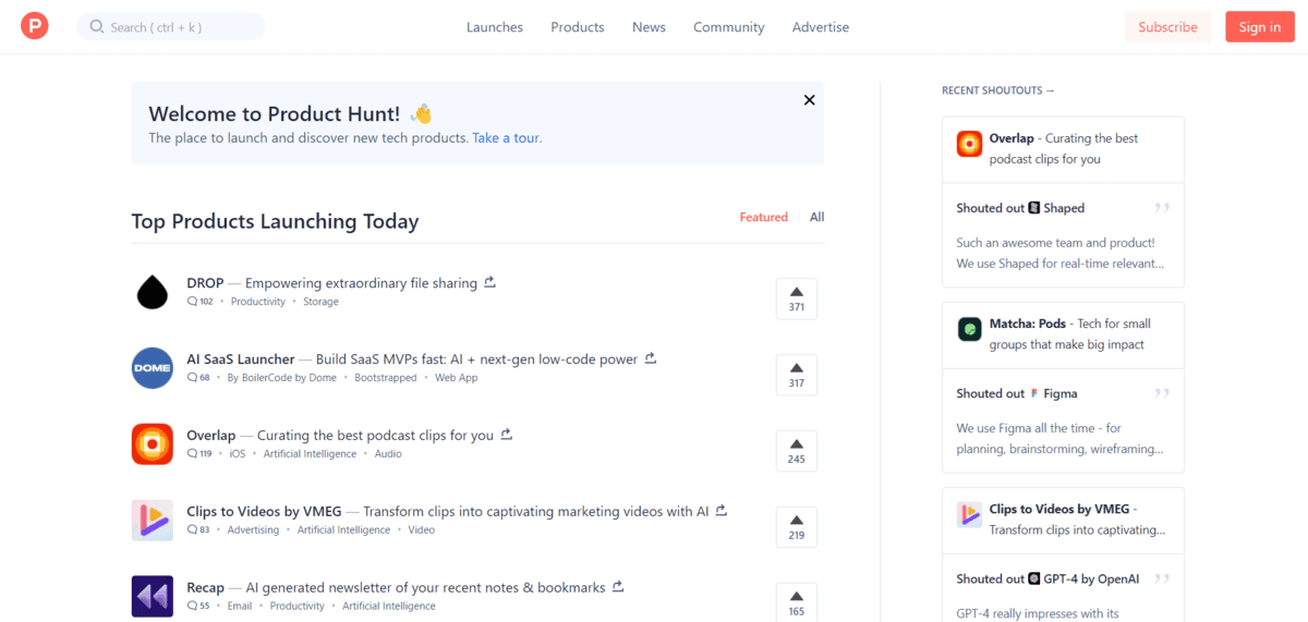 ProductHunt startup directory for early adopters