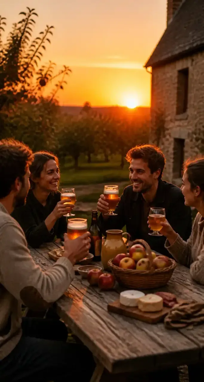 Dégustation conviviale sur la terrasse d'une ferme normande au coucher du soleil