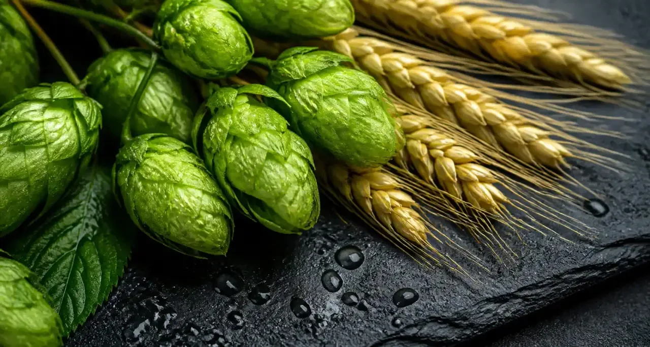 Houblons frais et grains d'orge posés sur une ardoise, ingrédients du brassage