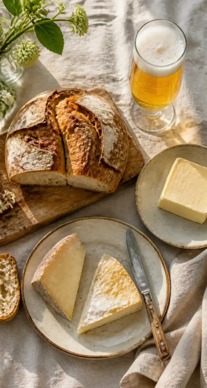 Table rustique avec pain, fromage et bière blonde de Normandie