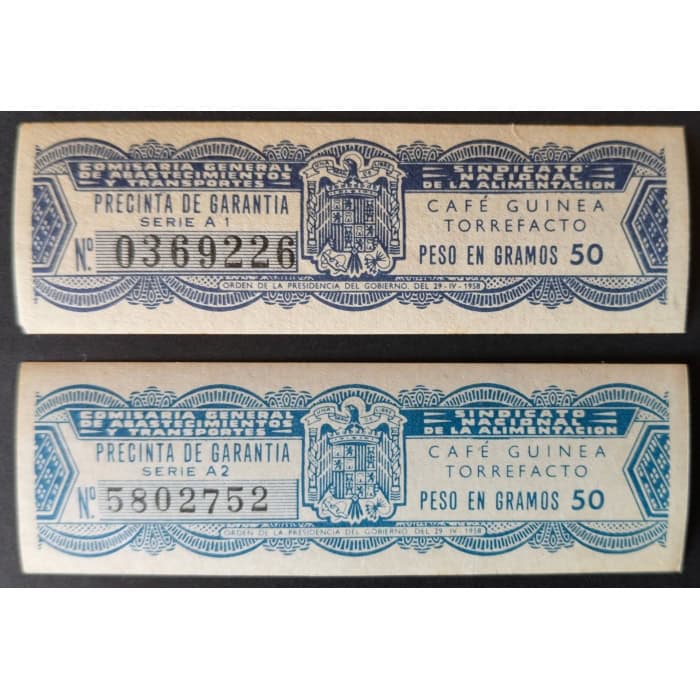 2 Precintas de 50 gr. de Café Guinea Torrefacto 1958 con variedad