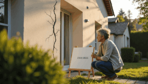 Person inspects cracked house facade with fissures visible