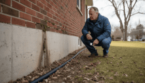 Homme inspectant une fondation de maison humide