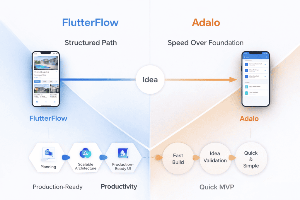 Flutterflow vs adalo app building process visualization