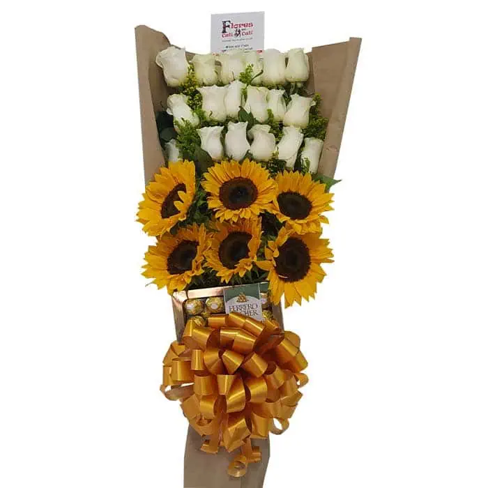 ramo-de-rosas-blancas-y-girasoles-Floristeria-en-cali