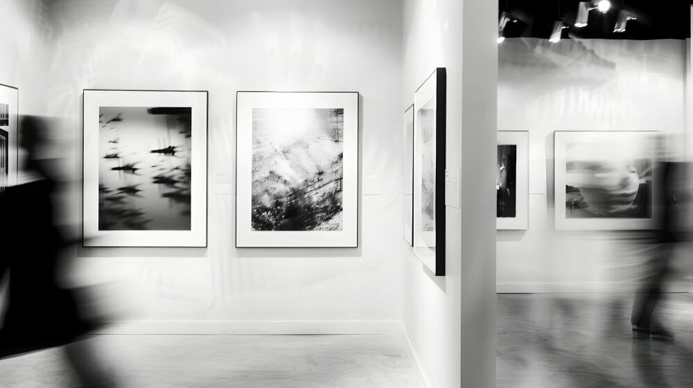 Suggestive immagini di un’esposizione d’arte moderna in galleria, con fotografie astratte e persone in movimento, ideale per il sito Flusso Divino dedicato a creatività e cultura visiva.