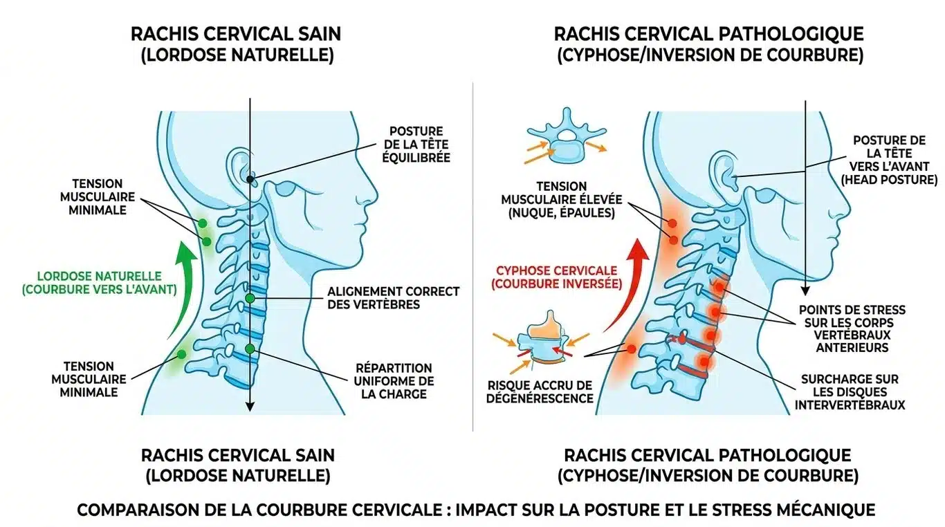 Comparaison anatomique entre une lordose cervicale normale et une inversion de courbure cervicale